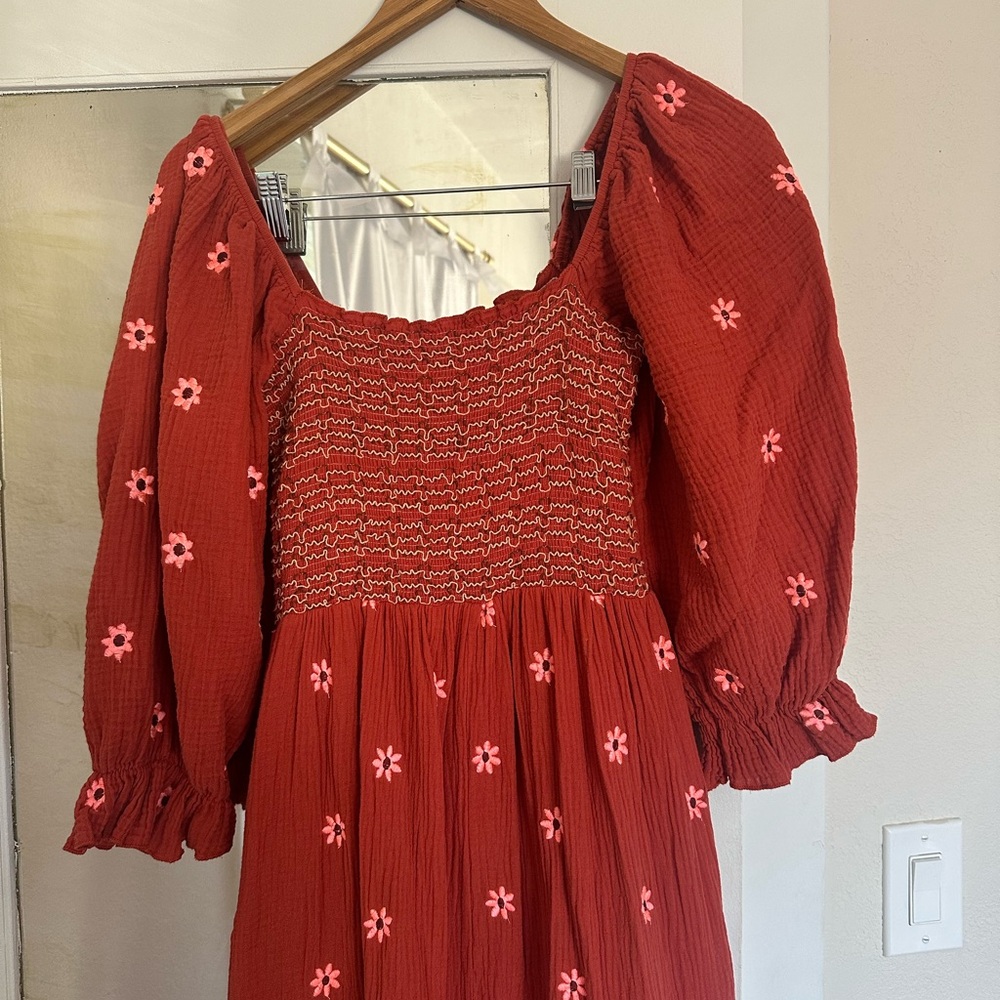 Red Smocked Dress with Pink Floral Embroidery